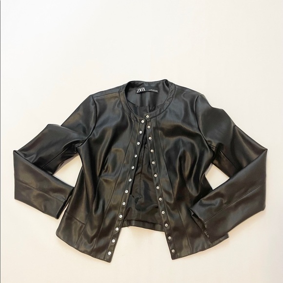 zara black faux leather snap button jacket size M - Picture 1 of 4